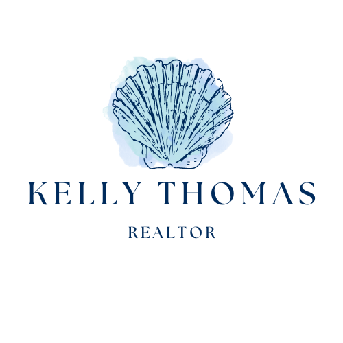 kelly thomas, logo, shell, blue backaground